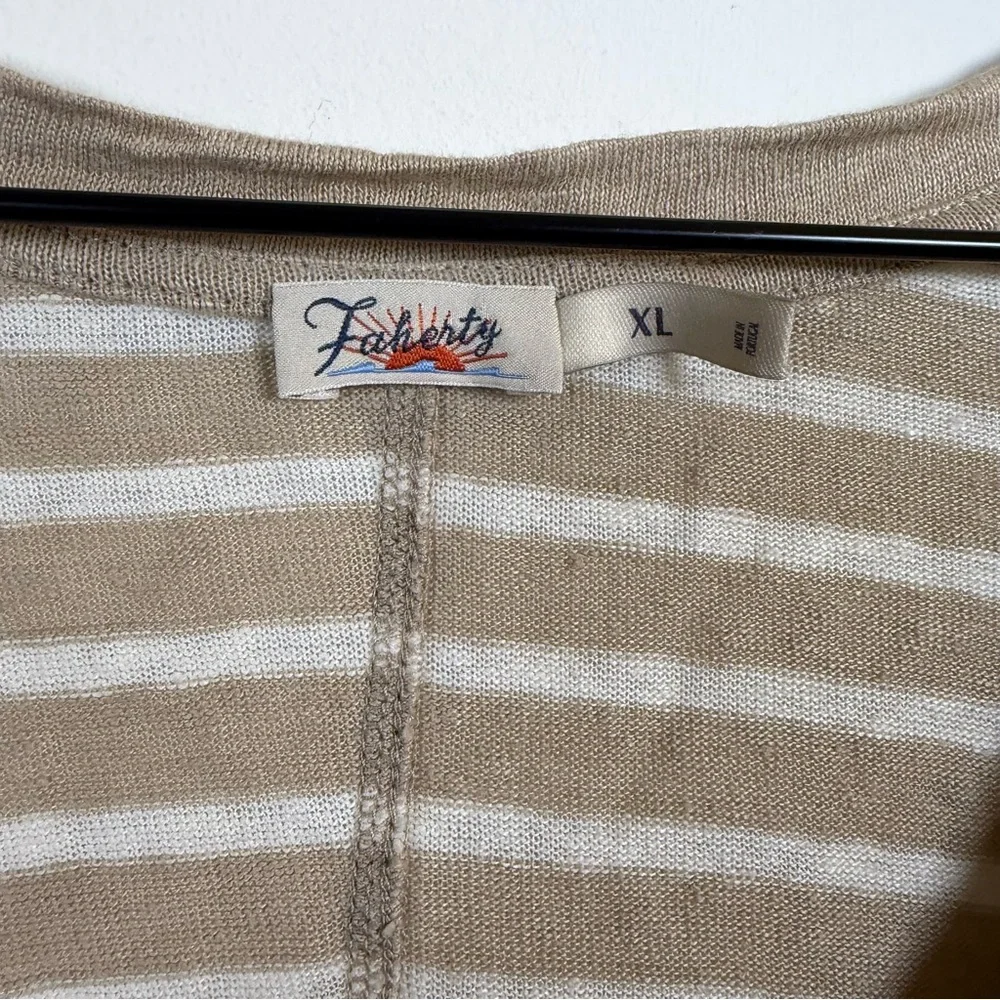 Faherty Women Cream Oceanside 100% Linen V Neck Top Size XL Beach Resort Stripes - Picture 5 of 6